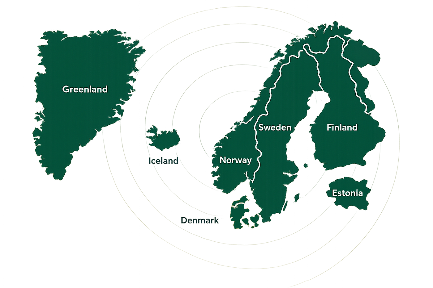 Map of the Nordic region showing Greenland, Iceland, Norway, Sweden, Finland, Denmark and Estonia