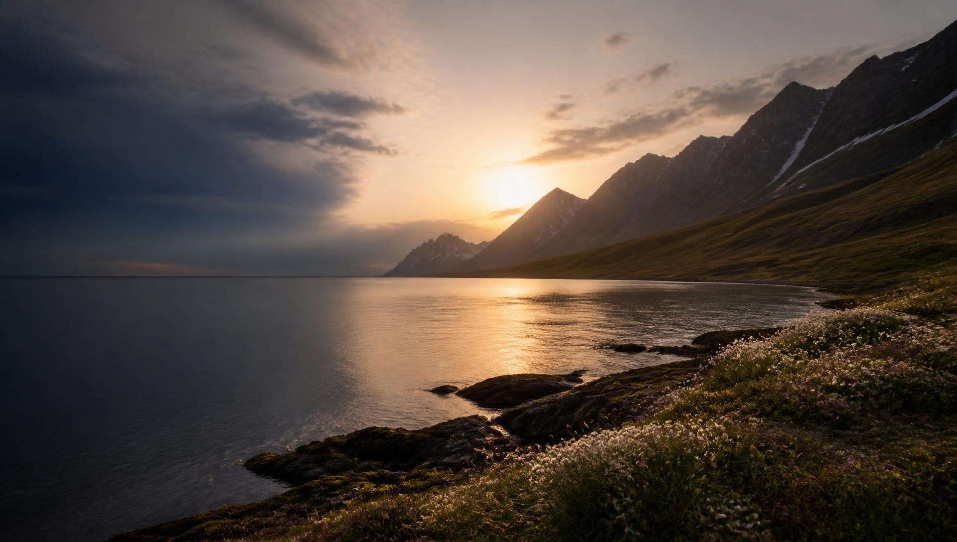 Icelandic fjord at golden hour with snow-touched mountains and cotton grass along the shoreline